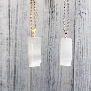 selenite crystal pendant,selenite crystal necklace,Gold raw rough selenite crystal, selenite wand pendant, selenite stick,gift for her