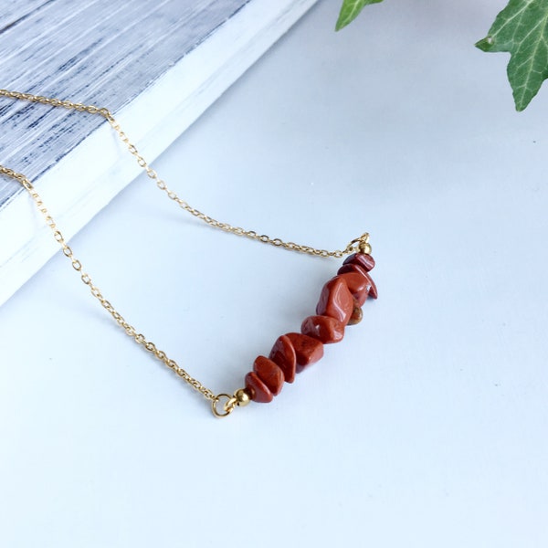 Red Jasper bar necklace for women - Crystal healing necklace - Red Jasper jewelry- Red jasper chain choker Dainty gold necklace-Gift for Her