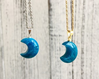 Apatite Moon Necklace -Blue  Apatite Pendant - Neon Blue Apatite Jewelry  Necklace - Apatite Pendant - Chakra Necklace - Gift For Her/Mom