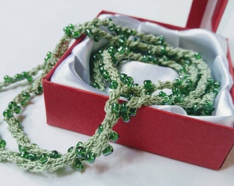 Beaded Wrap Bracelet Crochet Summer Necklace Long Women's Necklace Green Mint Unique Multistrand Cotton Necklace OOAK Glass Beads Bracelet