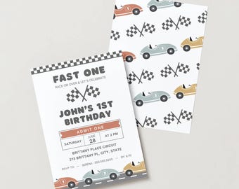 May include: Two cards with a race car theme. One is a birthday invitation with text "FAST ONE" and "JOHN'S 1ST BIRTHDAY". The other card has a pattern of race cars and checkered flags in orange, blue, and yellow.