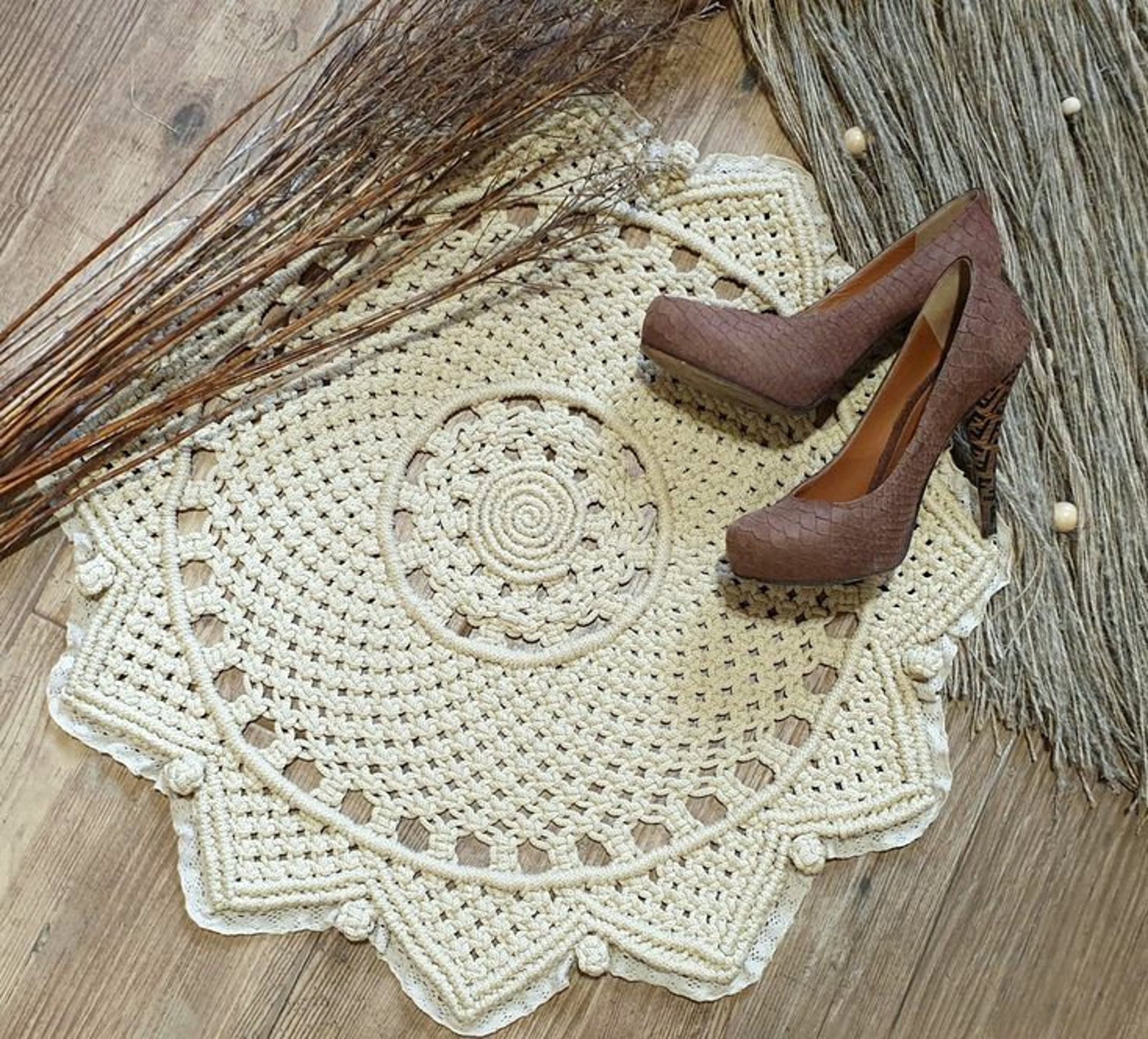 Kreis Makramee Teppich Runde beige Teppich mit Spitze Am | Etsy