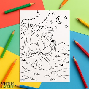 May include: A black and white coloring page featuring a person kneeling in prayer under a tree, with a crescent moon and stars in the sky. The page is surrounded by colorful pencils. The text "Scripture & Scribe" is in the lower left corner.