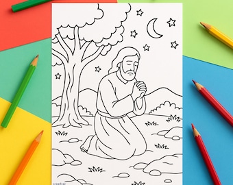 Jesus Prays in Gethsemane Colouring Page | Bible Story Kids Printable | A4 Sunday School Activity Sheet | Matthew 26 Colouring PDF