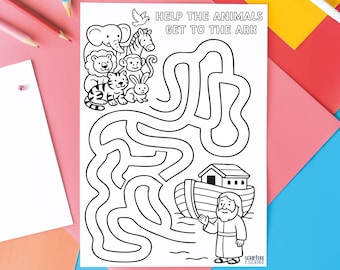 Noah's Ark Maze: Christian Colouring Page, Sunday School Activity (PDF Download)