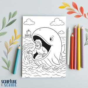 Jona en de walvis - Bijbelverhaal afdrukbare pdf, christelijke activiteit voor kinderen, zondagsschoolambachten, kleurplaat kinderen, pdf