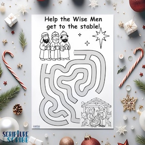 May include: Black and white Christmas-themed activity sheet with the text "Help the Wise Men get to the stable!". The sheet features a maze, illustrations of the Wise Men, a star, and a nativity scene. Festive decorations surround the sheet.