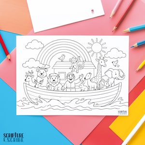 May include: A black and white illustration of Noah's Ark, featuring a rainbow, sun, and various animals. The ark is depicted with pairs of animals, such as a lion, giraffe, and elephant. The text "Scripture & Scribe" is visible.