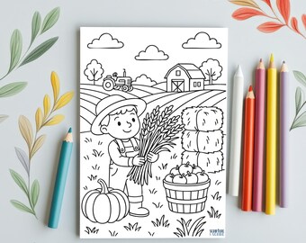 Autumn Harvest Coloring Page: Farm Scene Printable (A4 PDF)