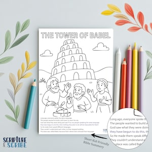 Puede incluir: Página para colorear en blanco y negro titulada "THE TOWER OF BABEL" con ilustraciones de personas y una torre. Incluye un breve resumen de la historia y un juego de lápices de colores.