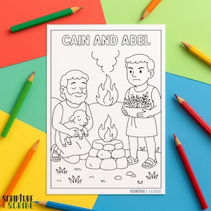 May include: Black and white coloring page featuring the text "CAIN AND ABEL" above an illustration of two figures with a fire and a lamb. The page is surrounded by colorful pencils.