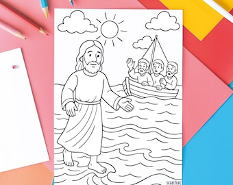 Jesus Walking on Water Coloring Page: Christian Bible Story Printable (PDF Download)
