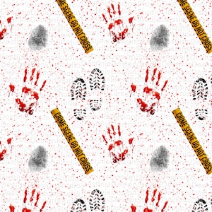May include: A white background with a repeating pattern of red handprints, blood splatters, fingerprints, and shoe prints. Yellow caution tape with the text "CRIME SCENE DO NOT CROSS" is also present.