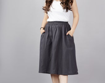 Linen Skirt with Pockets, Linen Dark Grey Skirt, Linen skirt for women, Midi Skirt, Below the Knee skirt,Skirt
