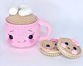 Conjunto de chocolate quente e biscoitos, brinquedo/decoração de crochê amigurumi