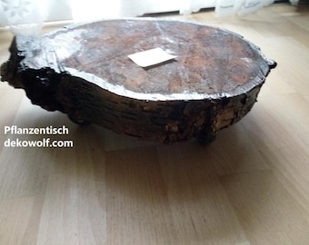 Flower table, coffee table, side table made of tree disc on wheels, decorative beams, flower column, small table on wheels, decorative beams