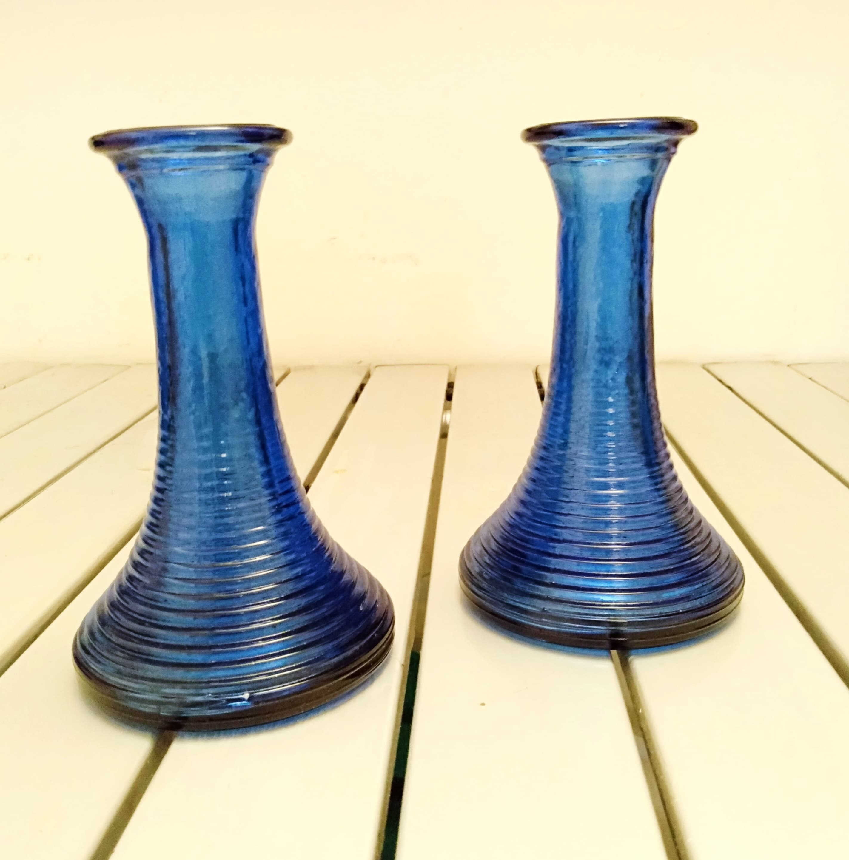 Set of 2 Cobalt Blue Ribbed Glass Vases Etsy