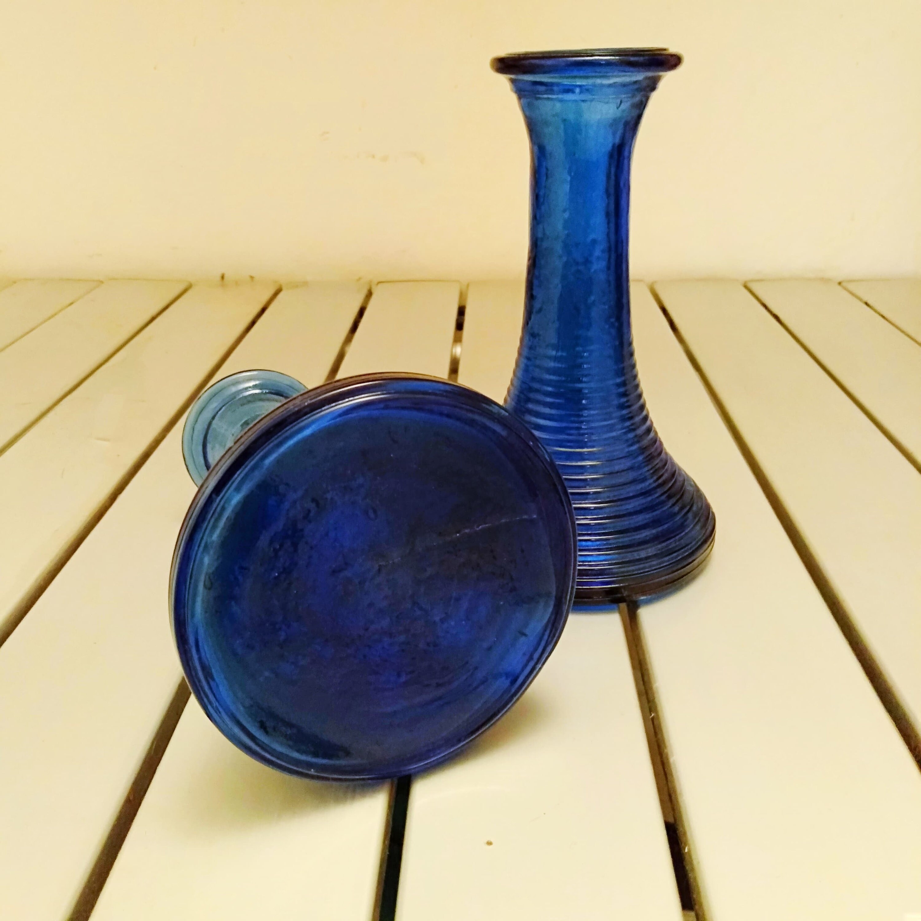Set of 2 Cobalt Blue Ribbed Glass Vases Etsy