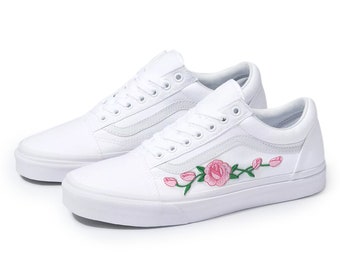 white vans with pink roses