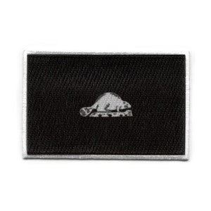 May include: Black embroidered patch with a white beaver silhouette on a black background.