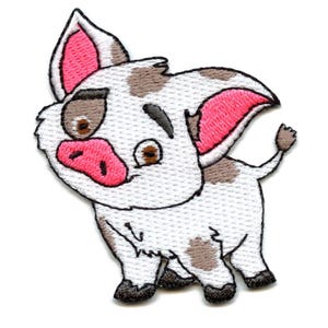 May include: Embroidered patch featuring a cartoon pig with white fur, brown spots, and pink ears and snout. The pig is smiling with its eyes closed. The patch is designed to be ironed on or sewn onto fabric.