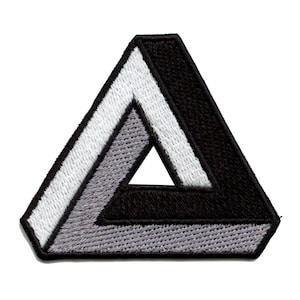 May include: A black, white, and gray embroidered patch in the shape of a triangle. The triangle is a Penrose triangle, also known as an impossible triangle.