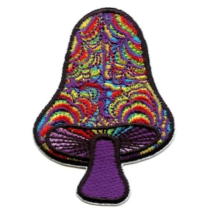 May include: A colorful embroidered patch of a psychedelic mushroom with a purple stem and a rainbow-colored cap.