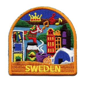 May include: A colorful embroidered patch with the word "SWEDEN" in yellow letters. The patch features a variety of iconic Swedish symbols, including a Dala horse, a crown, a coffee cup, a building, and a musical note.