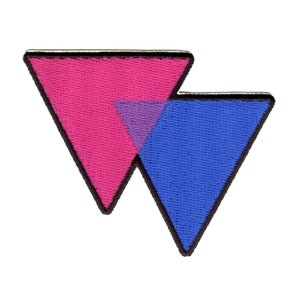 May include: A bisexual pride patch featuring two overlapping triangles. The top triangle is pink, the bottom triangle is blue, and the overlapping section is purple.