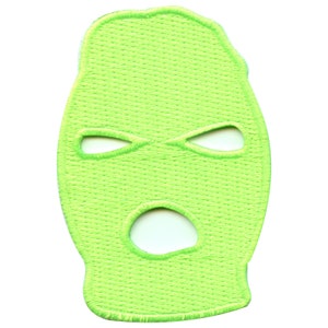 May include: A neon green ski mask patch with embroidered details. The mask has eye and mouth openings. The patch is on a white background.