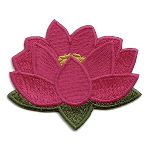 May include: Pink embroidered lotus flower patch with green leaves.