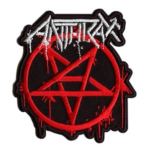 May include: Black and red embroidered patch with the word "ANTIHERO" in white lettering and a red pentagram inside a red circle.