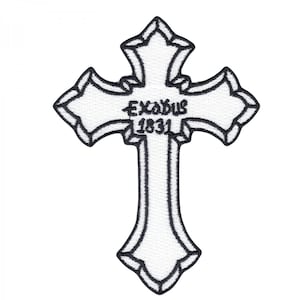 May include: White embroidered cross patch with black outline and the text "Exodus 1831" in black.