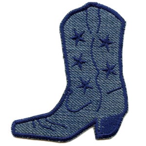 May include: A blue denim-textured patch in the shape of a cowboy boot. The boot features a dark blue outline and five embroidered stars. The boot has a pointed toe and a curved heel, and is suitable for clothing or accessories.