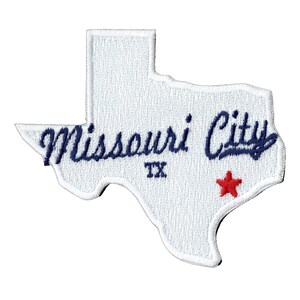 May include: White embroidered patch shaped like the state of Texas with the text "Missouri City, TX" in blue cursive lettering and a red star.
