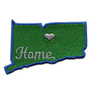 May include: Green embroidered patch shaped like the state of Connecticut with a white heart and the word "Home" in white cursive lettering.
