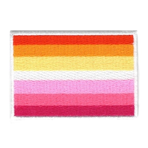 May include: A lesbian pride flag patch with six horizontal stripes in the colors orange, yellow, white, pink, light pink, and red.