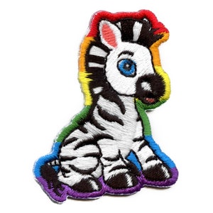 May include: Embroidered iron-on patch of a cartoon zebra with a rainbow background. The zebra is white with black stripes and has a blue eye.
