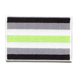 May include: A rectangular patch featuring a striped pattern in black, grey, white, and lime green. The patch has a white border and is likely an embroidered or fabric item, possibly for clothing or accessories.