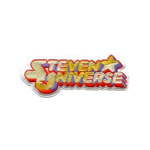 May include: A white embroidered patch with the text "Steven Universe" in a retro, colorful font. The text is in red, yellow, and purple with a yellow star.