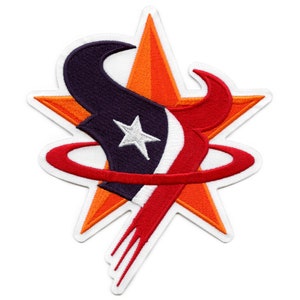 May include: An embroidered patch featuring the Houston Texans logo. The logo is a red, white, and blue star with a red and white swirl inside. The star is surrounded by a red and white ring.