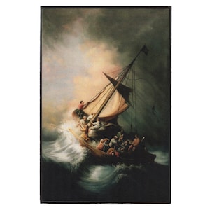 May include: A painting depicting a ship caught in a stormy sea. The ship is being tossed about by the waves, and the people on board are struggling to stay afloat. The sky is dark and stormy, and the waves are crashing against the ship. The painting is a classic example of the Romantic style, which emphasized emotion and the power of nature.