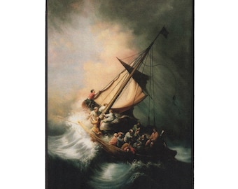 May include: A painting depicting a ship caught in a stormy sea. The ship is being tossed about by the waves, and the people on board are struggling to stay afloat. The sky is dark and stormy, and the waves are crashing against the ship. The painting is a classic example of the Romantic style, which emphasized emotion and the power of nature.