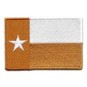 May include: A white star on a brown background, with a white stripe and a brown stripe. This is an embroidered patch of the Texas state flag.