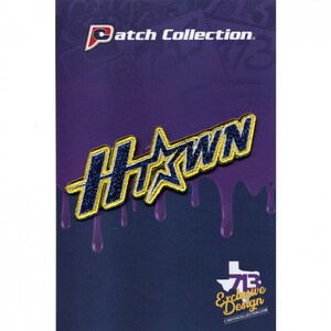 May include: A blue and gold glitter iron-on patch with the word "HAWK" and a star. The patch is on a purple background with the text "Patch Collection" and "713 Exclusive Design" in white.