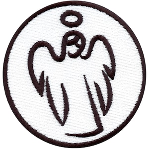 May include: White embroidered patch with a black outline of an angel with wings and a halo.