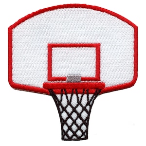 May include: A white basketball hoop with a red rim and a brown net. The hoop is attached to a white backboard with a red border.