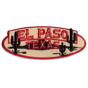 May include: Embroidered patch with a beige background, red outline, and red text that reads "EL PASO TEXAS". The patch features two black cactus silhouettes.