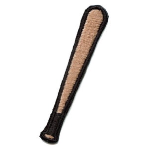 May include: A brown baseball bat with black stitching, embroidered on a fabric patch.