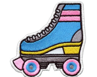 May include: A blue and pink roller skate with yellow wheels and a white outline. The skate has a white lace-up boot with pink and white stripes.